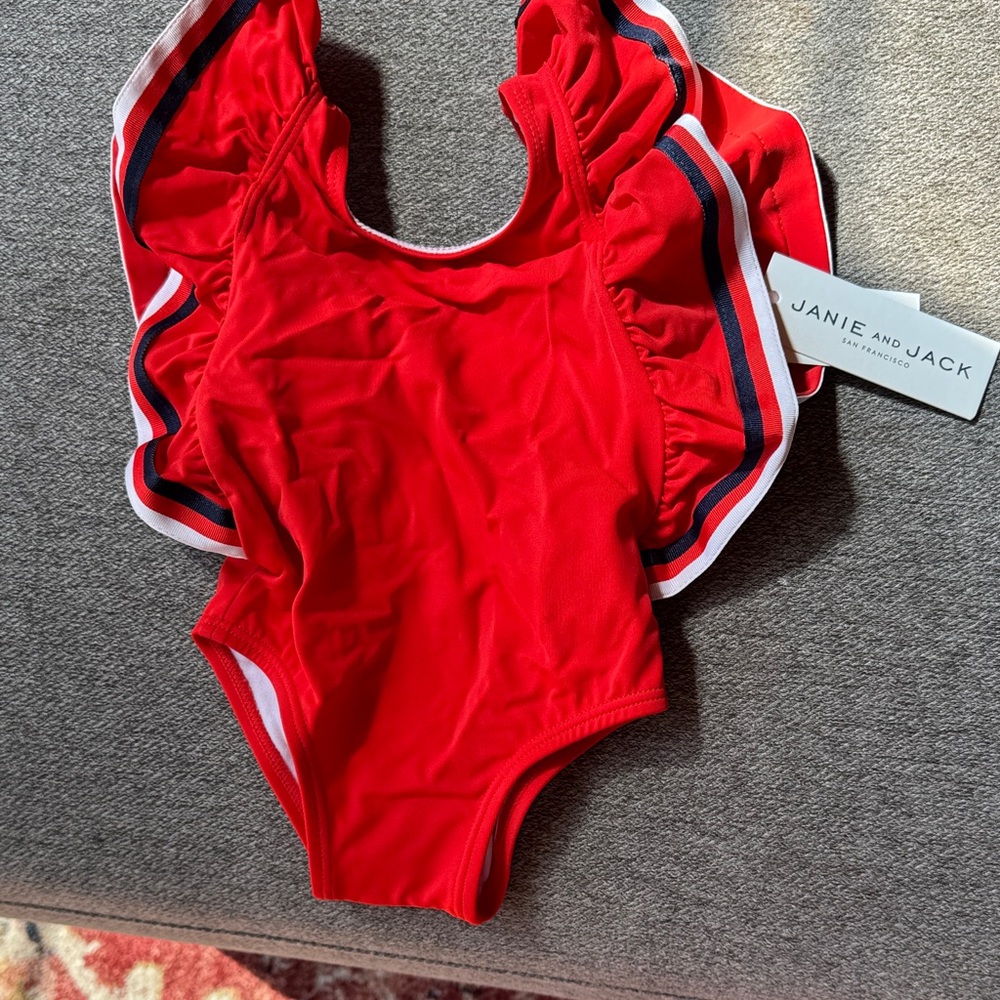 Janie and Jack Red Ruffle One-Piece with Navy & White Trim